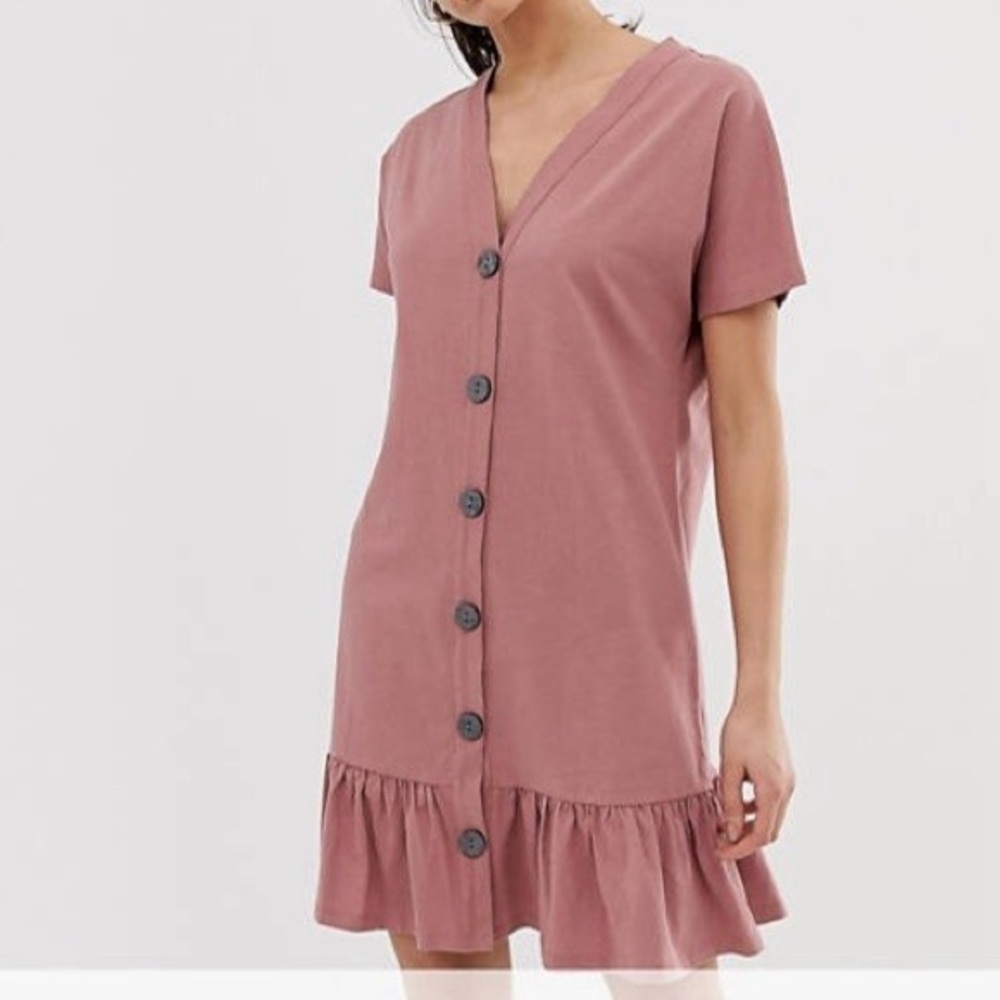 ASOS Pink Short Sleeve Loose Fit Chunky Button Casual Spring Dress